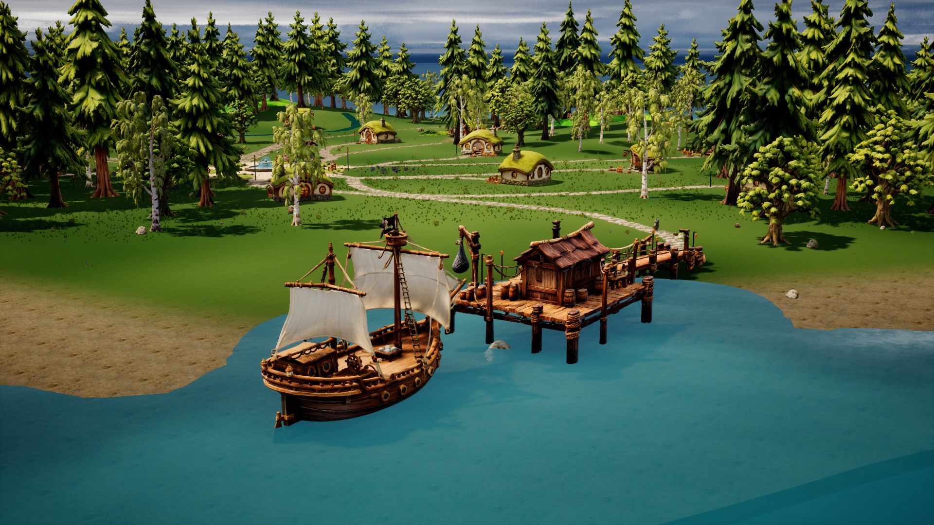 Elsewhere pirate ship beside the wooden harbour, with the village and trees beyond